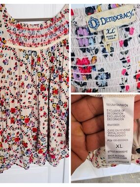 Democracy Cream Floral Smocked Neck Blouse